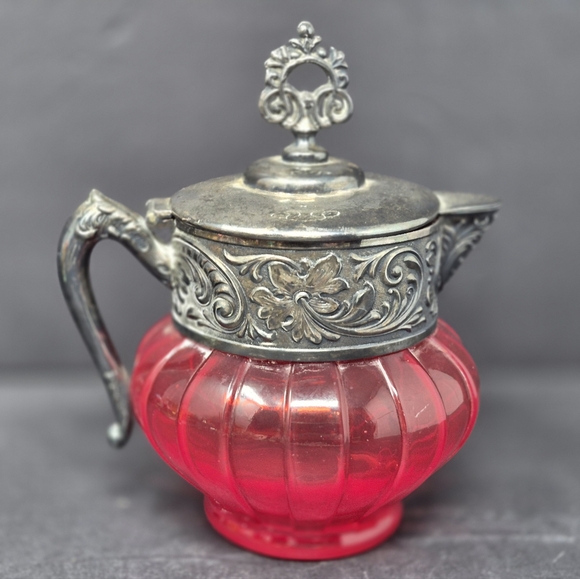 Antique Pigeon Blood Red Glass And Pewter? Creamer - Picture 2 of 8